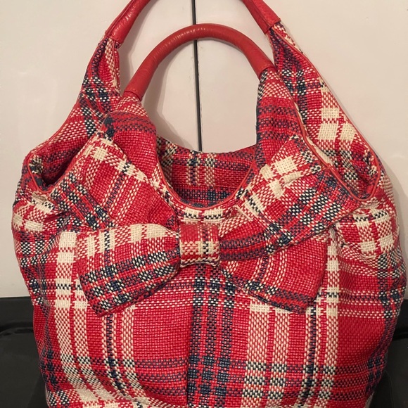 Kate Spade Bow front Plaid Medium Satchel/Handbag Red/Cream/Navy - Picture 2 of 11